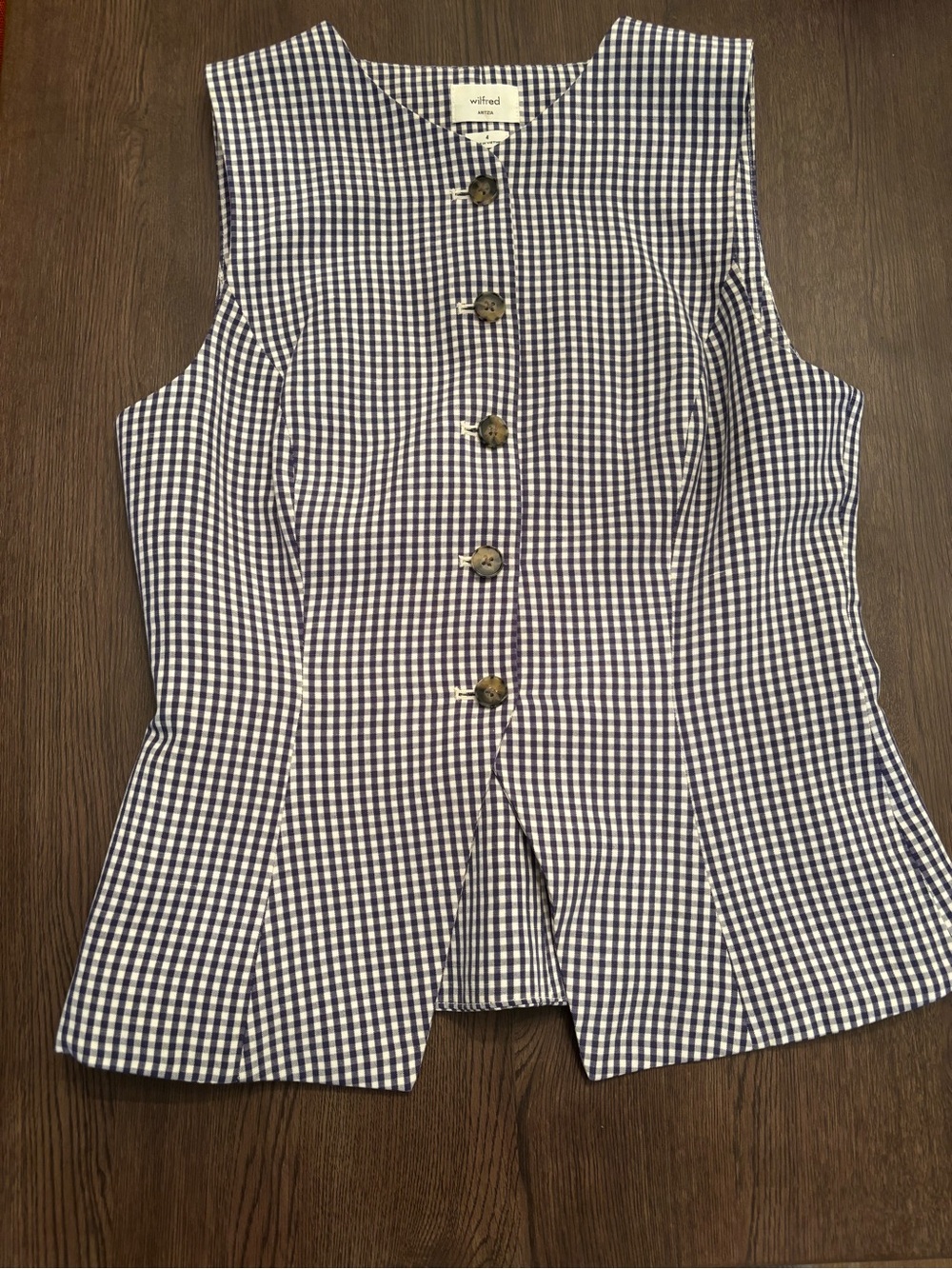 Wilfred Navy and White Gingham Button-Front Sleeveless Blouse